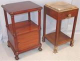 144 (L) - Mahgoany Night Stand with ball & claw feet and drawer in bottom; 143 (R) - Oak, Night Stand with angel faced-pull and marble insert