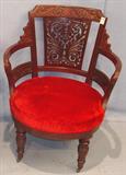 148 - Mahogany, Barrel-backed, Pierce-carved Chair with red seat, ca. 1890