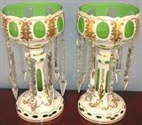 162 - Pair of Victorian, White cut-to-green, Mantle Lusters, 14in. tall