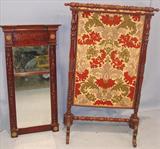 173 (L) - Federal, Mahogany, Acanthus-carved Mirror, 36in. tall, 19in. wide; 174 (R) - Mahogany, Victorian Fire Screen, 27.5in. wide, 43in. tall