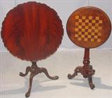 215 (L) - Mahogany, Chippendale-style, Flip-top Table with pie-crust edges; 214 (R) - Walnut, Victorian, Flip-top, Checkerboard Table