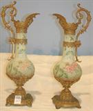 227 - Pair of hand-painted, Victorian Tapestry Ewers, 16.5in. tall