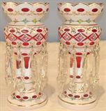229 - Pair of white, Cut-to-cranberry Lusters, 13in. tall