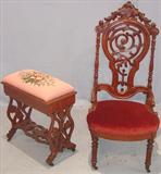 253 (L) - Walnut, Victorian, Slipper Stool with peach needlepoint; 216 (R) - Walnut, Victorian, Carved Slipper Chair with burgundy upholstery
