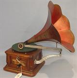 775 - Columbia, AH Front Mounted Horn, 1904 Disc Model Phonograph with records and pack of needles, motor & reproducer rebuilt and cleaned