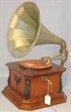 776 - German Parlorphon with Black Forest details, rebuilt and cleaned, ca. 1909 (78 disc machine, horn not original)