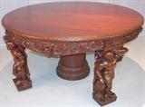 108 - 1911 Dining Room Table by Oriel Cabinet Co. that features massively carved mascarons, Norman soldiers, atlantes and caryatid figures as well as griffins in full relief (part of the "Norman Suite"), 12ft. long (with felt-lined, dovetailed leaf case)