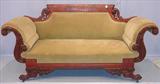 100 - Flamed Mahogany, Federal Sofa with claw feet and heavily-carved cornucopia, 7ft. long, ca. 1810