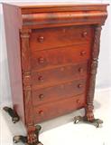 102 - Flamed Mahogany, Lingerie Chest with acanthus-carved pilasters and claw feet, 47in. tall, 31in. wide, 20in. deep, ca. 1810