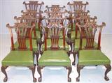 112 - Set of 12, Irish Chippendale, Mahogany, Dining Room Chairs with green leather seats, ca. 1890