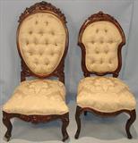 155 & 156 - Rosewood, Rococo Gentleman's & Lady's Parlor Chairs with mint green upholstery and rose-carved crown