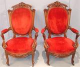 166 & 167 - Rosewood, Victorian, Arm, Parlor Chairs with red upholstery