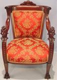179 - Mahogany, Victorian, Arm Parlor Chair with ansonia-carved heads, 41.5in. tall