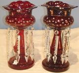 228 - Pair of Ruby Red, Mantle Lusters with gold enamel