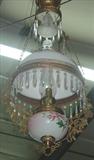 232 - Hanging, Victorian, Pull down Light Fixture with hand-painted shade and font