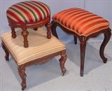 255 (T)- Round, Walnut, Renaissance Foot Stool; 256 (B) - Large, Walnut, Renaissance Revival, Foot Stool; 254 (R) - French-style, Mahogany Vanity Bench