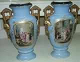 120 - Early Pair of Sky Blue, Old Paris Vases with early Parisian painted scene