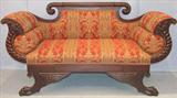 189 - Federal, Mahogany, Loveseat with cornucopia-carved arms, claw feet, and red & gold upholstery (mint condition)