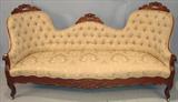 198 - Walnut, Victorian, Triple-back, Parlor Sofa with green upholstery and carved crowns, 77in. long (mint condition)