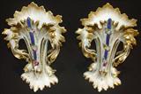 127 - Pair of Old Paris Vases with floral decoration and blue strip, 9.5in. tall