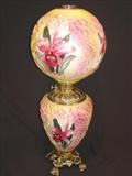 137 - Victorian, GWTW Lamp with pink and yellow decorations, 26in. tall