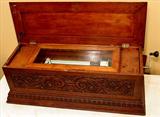 388 - Carved, Oak, Interchangeable Cylinder Music Box by Jacot, 39in. long (open)