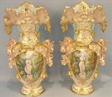 391 - Pair of Large, Old Paris Scenic Vases with female statue portraits, 25in. tall