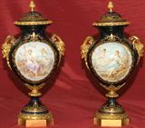 395 - Pair of Victorian, Gilt bronze & Sevres, Cobalt Blue Vases with hand-painted cupids and maidens