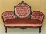 402 - 7-pc., Victorian, Walnut Parlor Suite with inlaid crests and pink, button tufted uphosltery