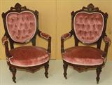 402 - 7-pc., Victorian, Walnut Parlor Suite with inlaid crests and pink, button tufted uphosltery (arm chairs)