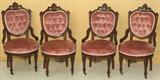 402 - 7-pc., Victorian, Walnut Parlor Suite with inlaid crests and pink, button tufted uphosltery (side chairs)