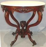 407 - Rare, Round, Belter, Rosalie Pattern, Marble top, Center Table with 7x laminated skirt and fruit basket finial, 31.5in. top