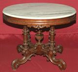 408 - Oval, Ornately carved, Walnut, Marble top, Parlor Table with urn finial