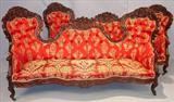 445 - Pair of Rosewood, Victorian Parlor Sofas with red & gold upholstery, attr. to Belter, 89in. long, ca. 1850