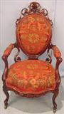 449 - Laminated Rosewood, Victorian, Henkels Parlor Chair with arms and pierce-carved crown