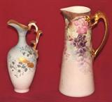 461 (L) - Rare, Satin Pitcher by Limoges; 460 (R) - 15in. Tankard by Willetz Belleek with gilt lizard handle and artist signature