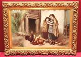 483 - 19th Century, Oil on canvas of Farmer Children & Chickens, 37x28in., artist signed