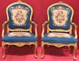 491 - Louis XV-style, Giltwood, 3-pc. Salon suite with needlepoint upholstery (chairs)