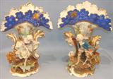 703 - Pair of Magnificent, Old Paris Vases with Victorian figurines and gold decorations, 14in. tall, 11in. wide, ca. 1860