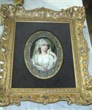 467 - 19th Century, Painting on porcelain of young maiden in white, in ornate gold leaf frame
