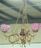 516 - Gilt Bronze, 3-arm, Gasolier, with Fluted White Bohemian, Cut-to-Cranberry Shades