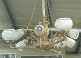 518 - Gilt Bronze, 9-arm, etched shade (6 electric & 3 gas) Gasolier with Grecian Ladies