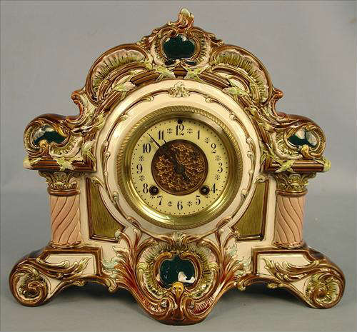 10 - Gilbert Majolica Clock, 12in. T, 14in. W, ca. 1900