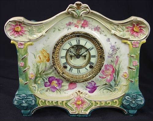 24 - Ansonia China Clock, LA Croix, Royal Bonn Case, not running, 12in. T, 14in. W