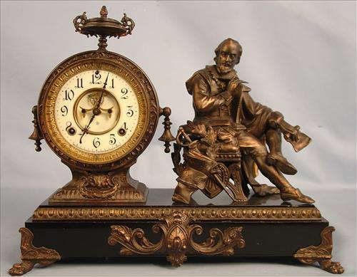 37 - Ansonia Shakespeare Clock, ca. 1894, 15in. T, 18in. W, 7in. D, good condition