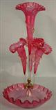 40 - Cranberry Epergne with 4 fluted Trumpet Vases, 20in. T, 10in. Dia.