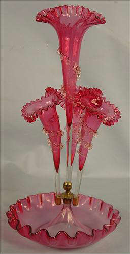 40 - Cranberry Epergne with 4 fluted Trumpet Vases, 20in. T, 10in. Dia.