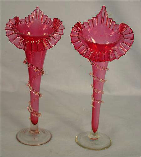 50 - Pair of cranberry Trumpet Vases, 13in. T, 5in. W