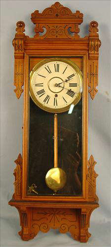 54 - Gilbert Thespian Clock, ca. 1910, 38in. T, 13in. W, replaced glass, good condition