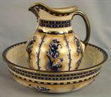 70 - Flow Blue Pitcher and Bowl Set, blue flowers, gold trim, pitcher, 12in. T, bowl, 16in. Dia., ca. 1885